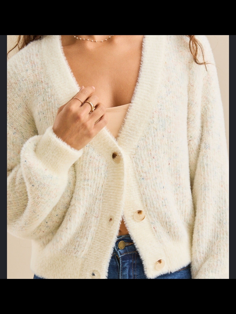 Altar'd State Ivory Speckled Button V‑Neck Cardigan